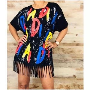 Black dress with red and blue letters